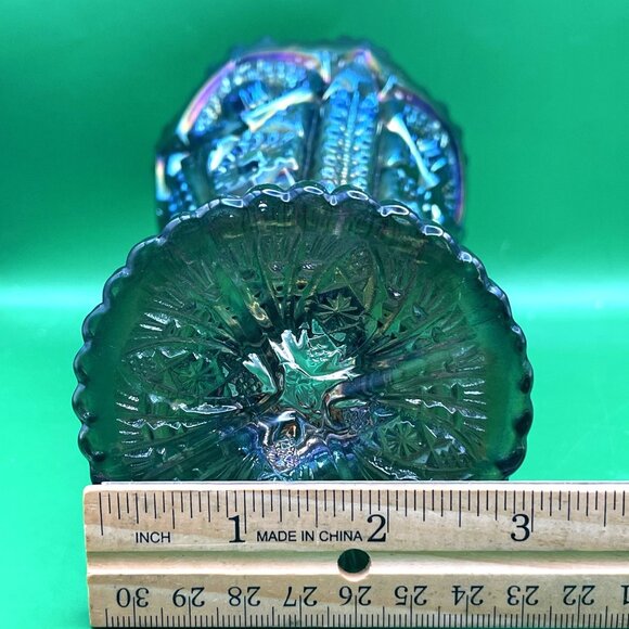 Vintage 1950s Imperial Carnival Glass Daisy Button Green Flared Vase Crimped Rim - Picture 8 of 16